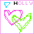 Animated pixel art of interlocking pink and green hearts with a blue heart icon above the text 'HOLLY' in alternating black and pink lettering.