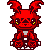 A 5x4 contact sheet of pixel art frames showing a red cartoon creature with bunny ears, yellow eyes, and white accents on its hands and feet, arranged in chronological order from top-left to bottom-right.