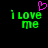 Green pixelated text 'i love me' on black background with pink heart symbol above left text, two identical frames side-by-side.