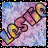 Pixelated figure in pink and yellow outfit lies diagonally across purple-blue background with black border.