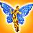 Pixelated fairy with blue wings and golden body against orange gradient background.
