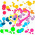 Pixelated abstract composition of overlapping colorful shapes including pink, yellow, blue, green, and purple on white background.