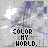 Animated sequence showing 'COLOR MY WORLD' text with changing letter colors over a gray background with white and blue shapes.