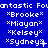 Blue background with white pixelated text repeating 'Fantastic Fountastic' and names 'Brooke', 'Miyan', 'Kelsey', 'Sydney' in three across three