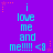 A static image with a purple background displays repeated cyan text "i love me and me!!!!! <8" arranged in a pattern, surrounded by pink star and dotted line decorations