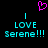 Pixelated cyan text 'LOVE Serene!!!' with a pink heart symbol above on black background.