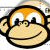 Pixelated monkey face with large white eyes, orange-brown hair, and a wide smile on light beige skin.