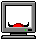 Red devil head with black horns and yellow eyes appears on a gray computer monitor screen, transitioning through multiple states.