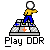 Pixel art of a figure in yellow shirt and blue pants standing on a keyboard with plus symbols, holding a white ball above their head.