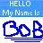 Pixelated blue and white graphic with 'HELLO My Name Is' text above stylized 'Bob' letters on a white background.