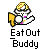 Animated contact sheet of a pixel art buddy icon showing sequential frames of a character with yellow hair and white body performing actions above text "Eat Out Buddy" on gray background.