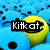 Pixelated image with blue background, black dots, and yellow-green shape holding text 'Kittcat' in white letters on a black rectangle.