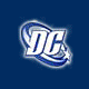 circular DC Comics-themed icons featuring various characters and the DC logo on a blue background