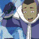 Pixelated cartoon character with green skin and black hair in a white-collared blue outfit, shown across four sequential expressions from smiling to neutral.