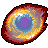 Pixelated circular icon with concentric rings of red, orange, yellow, blue, and purple hues forming a spiral pattern against a gray background.