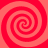 Four red spiral patterns arranged in a symmetrical on a red background, each spiral rotating clockwise with alternating light and dark red bands