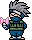 Pixel art character with gray spiky hair, blue mask, green vest, blue pants, and pink book, standing against gray background.