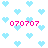 Pixelated light blue hearts fill a white background with four pink '070707' text blocks scattered across the image.