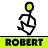 Animated contact sheet of a stick figure performing various running and skating motions with yellow head, black limbs, and repeated "ROBERT" text on bright green background strips between rows.