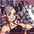 Pixelated static image of a woman with long dark hair and light skin wearing a sleeveless top, set against a purple-toned background with abstract shapes.