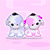 Two cartoon dogs with white, black, and pink fur stand side-by-side on a pink background, changing poses across frames.