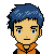 Pixel art avatar with blue hair and orange collar showing multiple facial expressions including closed eyes, neutral, and smiling.