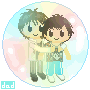Two pixelated characters embrace within a circular frame; one has teal hair and a light shirt, the other brown hair and a patterned shirt, both smiling with closed eyes.