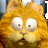 A pixelated close-up of an orange tabby cat's face with large white eyes and a small pink nose, set against a blurred background.