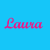 Two side-by-side pixelated images of the name 'Laura' in pink cursive text on a bright blue background, with one image containing an additional purple heart symbol.
