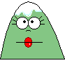 Green cartoon character with white snow-capped top, large white eyes with black pupils, red mouth, and pink cheeks in some frames.