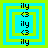 Four identical pixelated icons arranged in a , each featuring layered cyan and lime green squares with vertical text 'ily' and '<3' repeating on all sides
