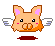 Pixelated orange creature with pink inner ears and white wings, displaying multiple facial expressions and hand gestures against a gray background.