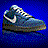 Pixelated icon of a sneaker with multicolored upper on dark blue background, featuring white Nike swoosh and black accents.