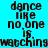 Pixelated text on cyan background with dark brown rectangular overlays; repeated phrases 'dance like no one is watching' in fragmented, overlapping layout.