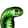 Green pixelated snake head with red eyes, curved neck against gray background.