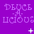 Purple background with repeated light purple text 'DEUCE LUCIOUS' in a pattern, featuring small white plus signs and star-like symbols that change position across frames