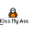 Animated contact sheet of a pixel art character in orange shirt performing sequential actions with text "Kiss My Ass" and lip mark symbols.