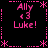 Pixelated pink text and symbols on black background with repeated 'Ally 43 Luke!' phrases in four quadrants, bordered by dotted lines and asterisks.