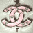 A 48x48 pixel animated contact sheet showing three frames of a pink Chanel logo animation with text changes across frames on a light gray background.