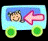 Animated cartoon bus icon with a smiling character and pink arrow, displayed in three sequential frames showing subtle animation changes.