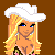 Pixel art of a blonde woman in a white cowboy hat with repeated "Country Cutie" text in multiple colors on a brown background.