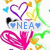 Pixelated icon with purple heart outline, blue 'NEA' text flanked by hearts on white background, surrounded by colorful abstract shapes.