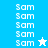 Pixelated blue and white icon with repeated 'Sam' text, two star-shaped figures in different positions.