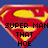 Red and yellow shield-shaped emblem with black text reading "SUPER MAN THAT HOE" on blue background.