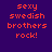 Pixelated text 'sexy swedish brothers rock!' in orange on purple background with white rectangular overlays in various positions.