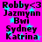 A static image with a bright pink background featuring blue star shapes and black text listing names in two