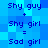 Blue pixelated displays two identical equations: 'Shy guy + Shy girl = Sad girl' in dark blue text on light blue background
