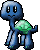 Blue pixelated creature with green shell-like back, four legs, and a long neck in three distinct poses showing different facial expressions.