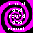 Four identical pixelated spiral patterns with alternating black and bright pink rings, each containing the text "round and round and round!" in white block letters.