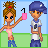 A 4x3 contact sheet of an animated AIM buddy icon showing a pixel art scene with two characters and repeated text across multiple frames, where the top-left frame displays a girl holding a pink object and a boy in a blue cap standing on grass under a light blue sky.